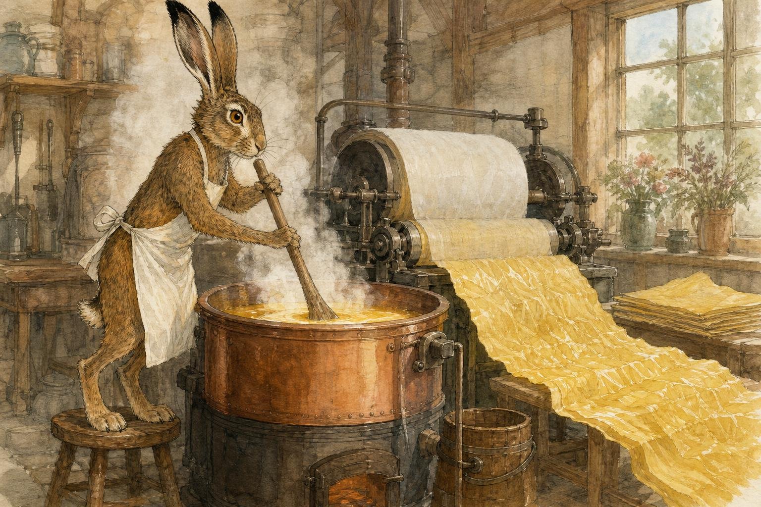 A hare in an apron stands on a stool beside a steaming vat of yellow glue, stirring it with a wooden paddle while a sheet of tissue feeds over a hot roll and comes off the far side as crinkled, shining yellow crepe.