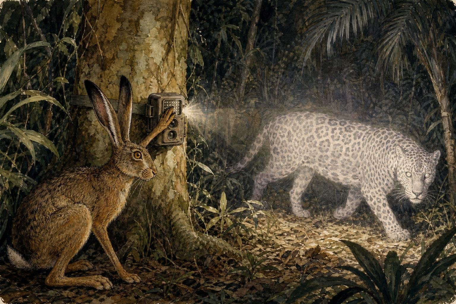 A hare crouches in a dark tropical forest beside a camera trap strapped to a tree, one paw pressed over the camera's little light sensor, while a black leopard strolling past glows pale in the infrared flash with its rosettes suddenly showing.
