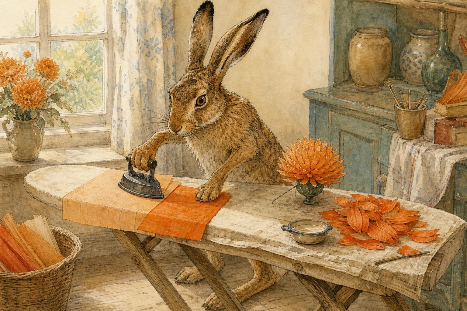 A brown hare stands at an ironing board, carefully pressing an iron over two sheets of crepe paper, one pale orange and one deep orange, while finished orange paper petals and a half-built paper chrysanthemum sit beside it.