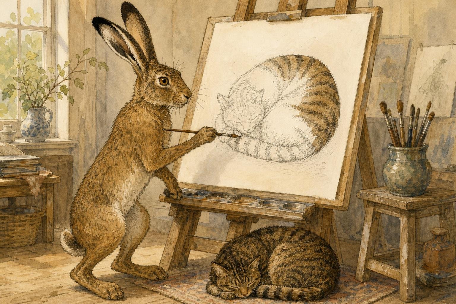 A hare stands at an artist's easel with a paintbrush, filling in brown stripes on a pencil sketch of a curled-up tabby cat, while a real brown tabby lies curled like a seashell asleep at the foot of the easel.
