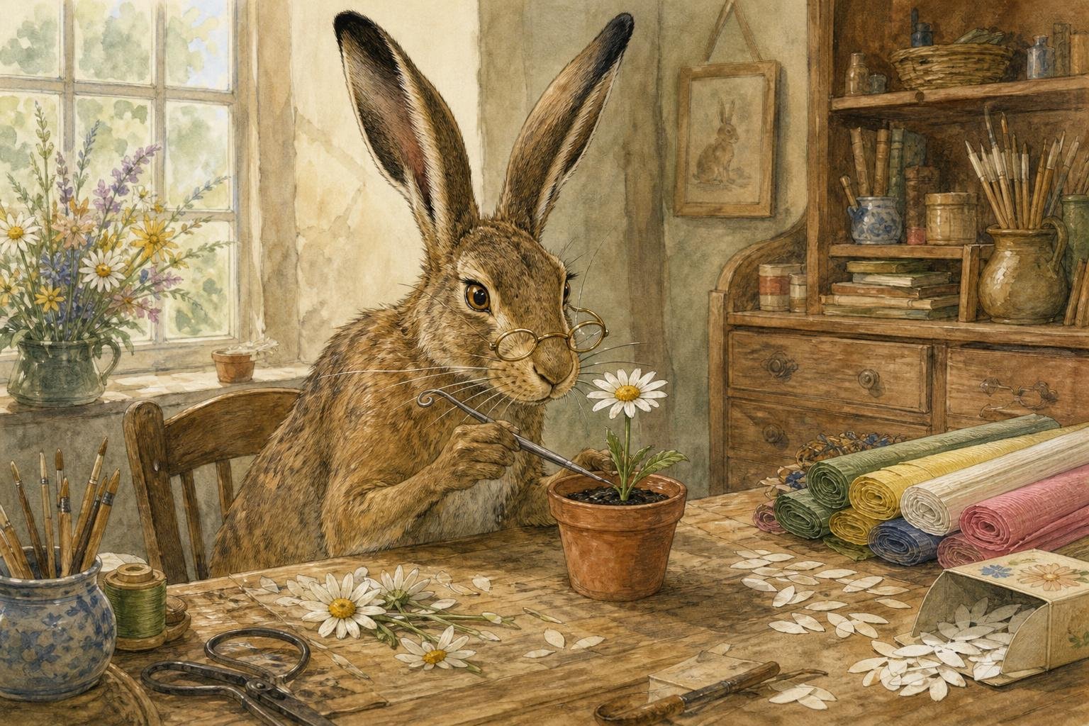 A brown hare sits at a craft table, peering through small spectacles at a real daisy in a clay pot, a curling tool in one paw, while a neat little shop box spilling ready-cut paper daisy petals has been pushed to the far edge of the table beside rolls of colored crepe paper.