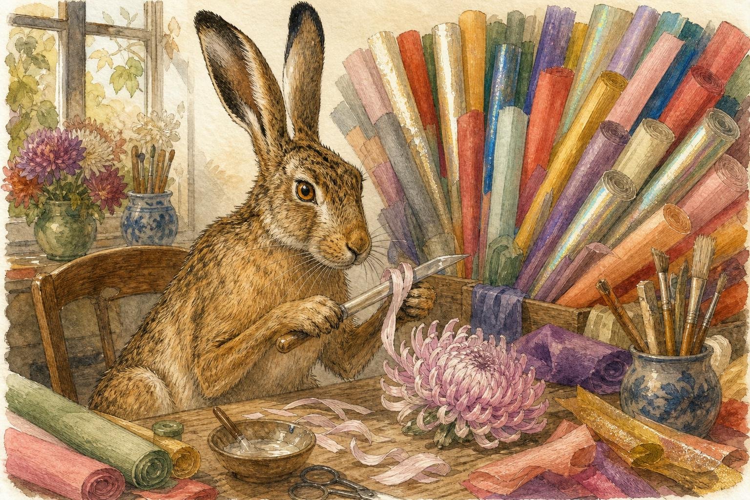 A hare sits at a worktable before a fan of crepe-paper rolls in dozens of colours, some of them shimmering metallic and iridescent, carefully curling a long chrysanthemum petal over the back of a table knife, with a half-finished mum beside its paws.