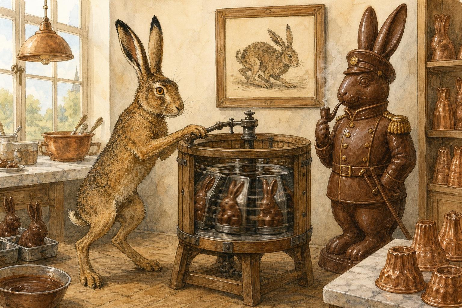 A brown hare cranks an old wooden honey extractor in a confectioner's workshop, hollow chocolate hares in metal moulds whirling inside it, while a towering solid chocolate hare in a little uniform stands nearby puffing a pipe and a framed crouching-hare print watches from the wall.