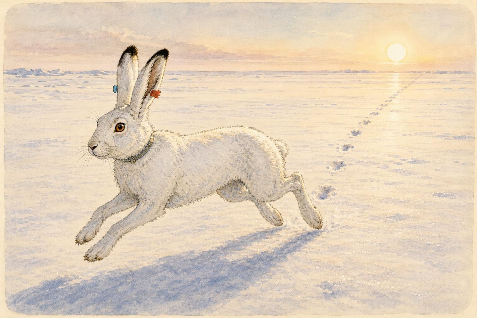 A white Arctic hare wearing a slim collar and two small coloured ear tags hops steadily across a vast, empty snowfield under a low polar sun, a single line of tracks stretching behind her to the far horizon.
