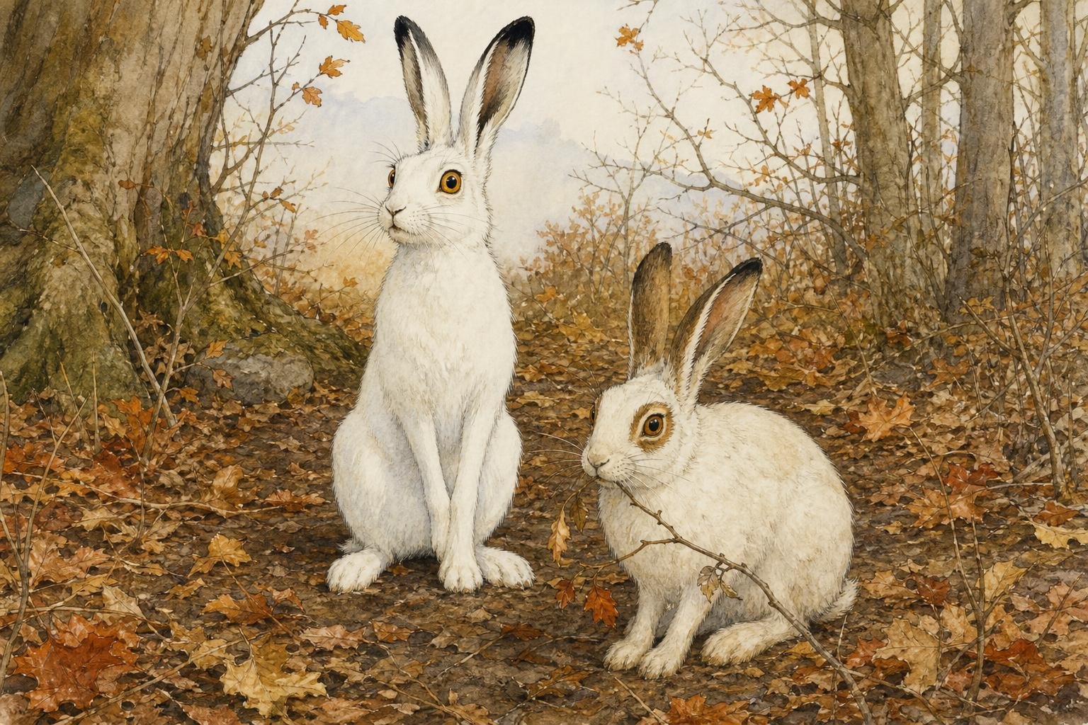 A snow-white hare sits bolt upright and wide-eyed on bare brown autumn ground strewn with fallen leaves, scanning the woods, while beside it a calmer hare with brown ears and brown rings around its eyes like spectacles nibbles a twig.