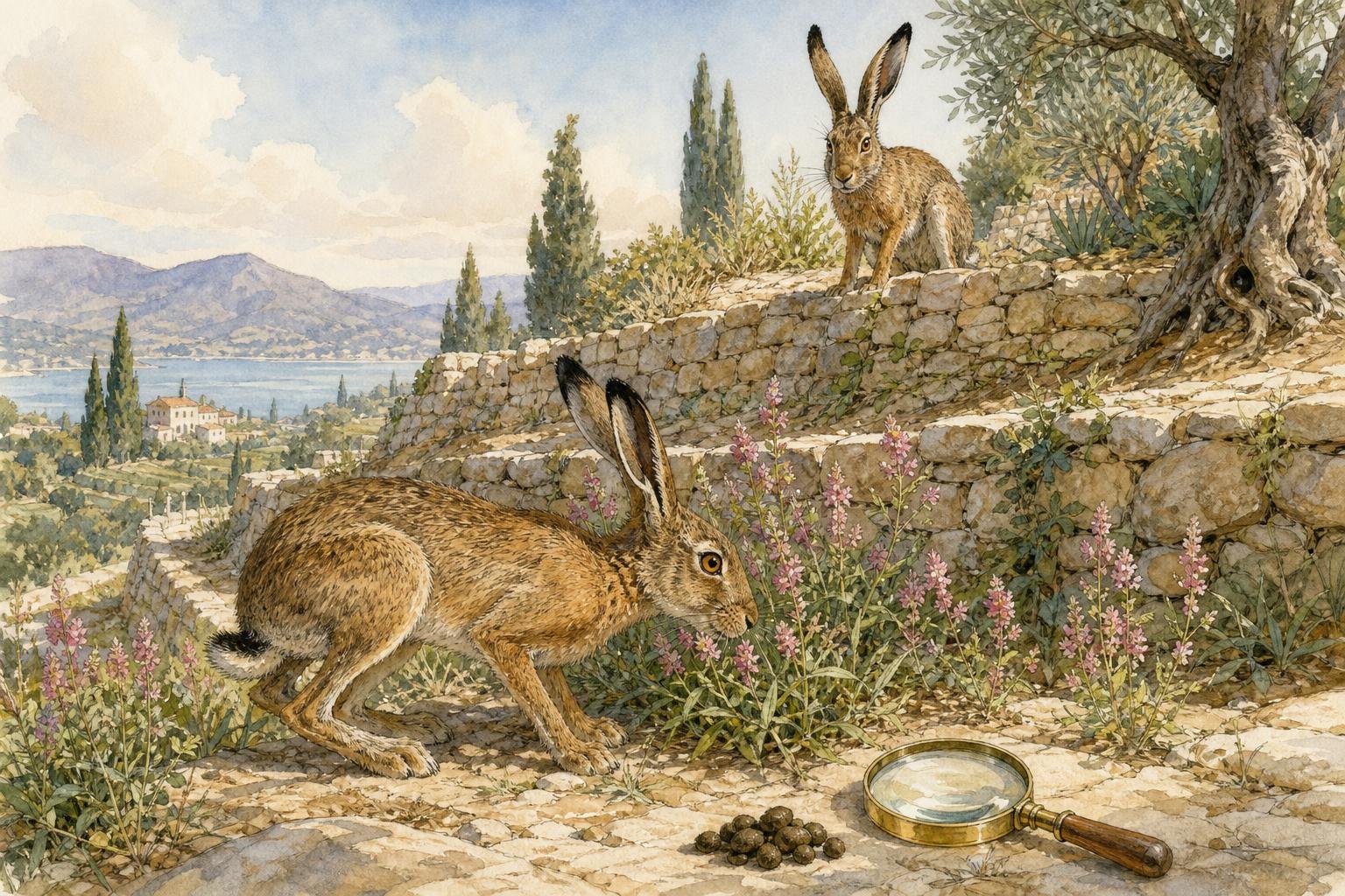 On a sunny terraced Italian hillside, a slim hare nibbles pink sainfoin on the lower terrace while an identical-looking hare sits on the terrace above, the two eyeing each other; in the foreground a magnifying glass rests beside a tidy little pile of droppings.