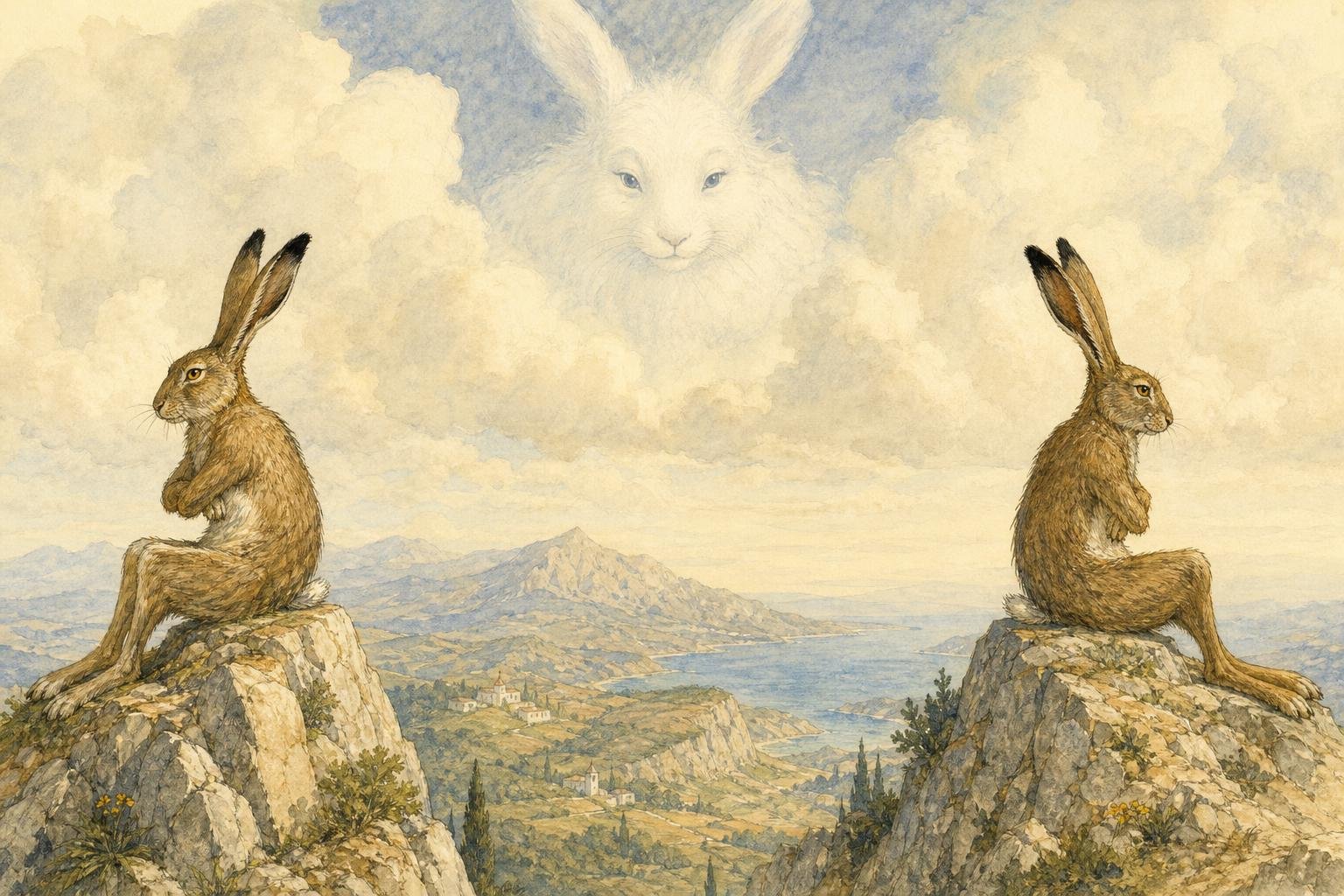 Two slim brown hares sit on two distant sunlit mountain peaks at opposite edges of a hazy southern landscape, back to back and pointedly ignoring each other, while above them in the clouds the faint white shape of an Arctic mountain hare looks down on both like a fond grandmother.