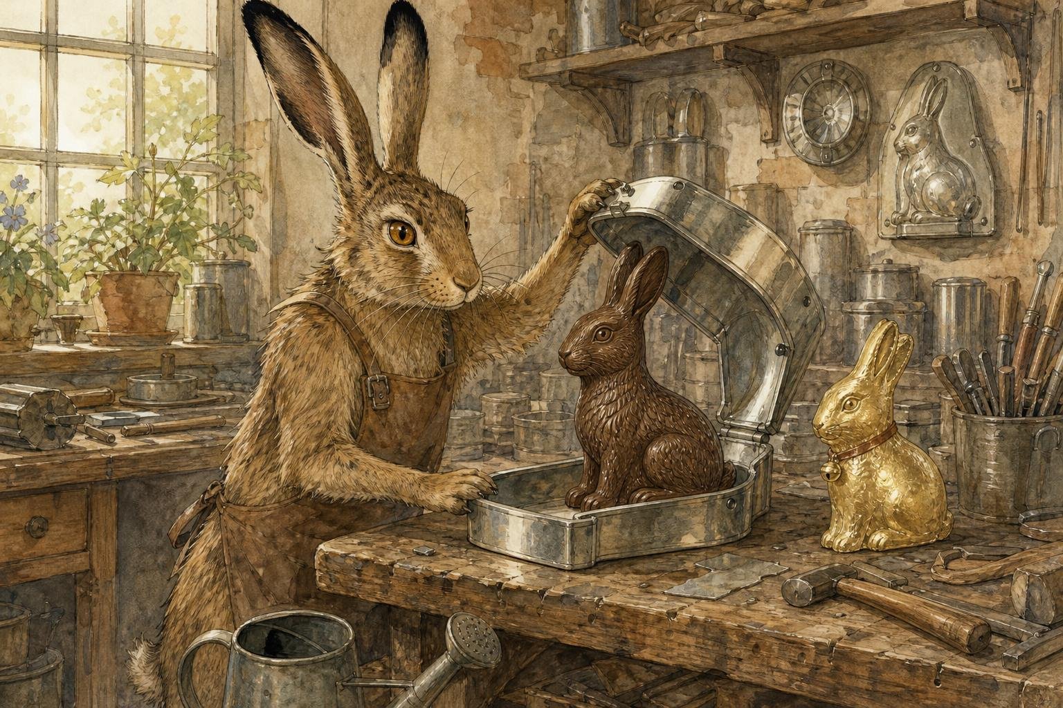 A brown hare in a leather apron at a cluttered tinsmith's bench lifts open a hinged tinplate mould to reveal a chocolate hare with every hair of fur crisply engraved, while a plain gold-foil bunny with a little bell sits nearby looking rather bald by comparison, and a dented watering can rests under the bench.