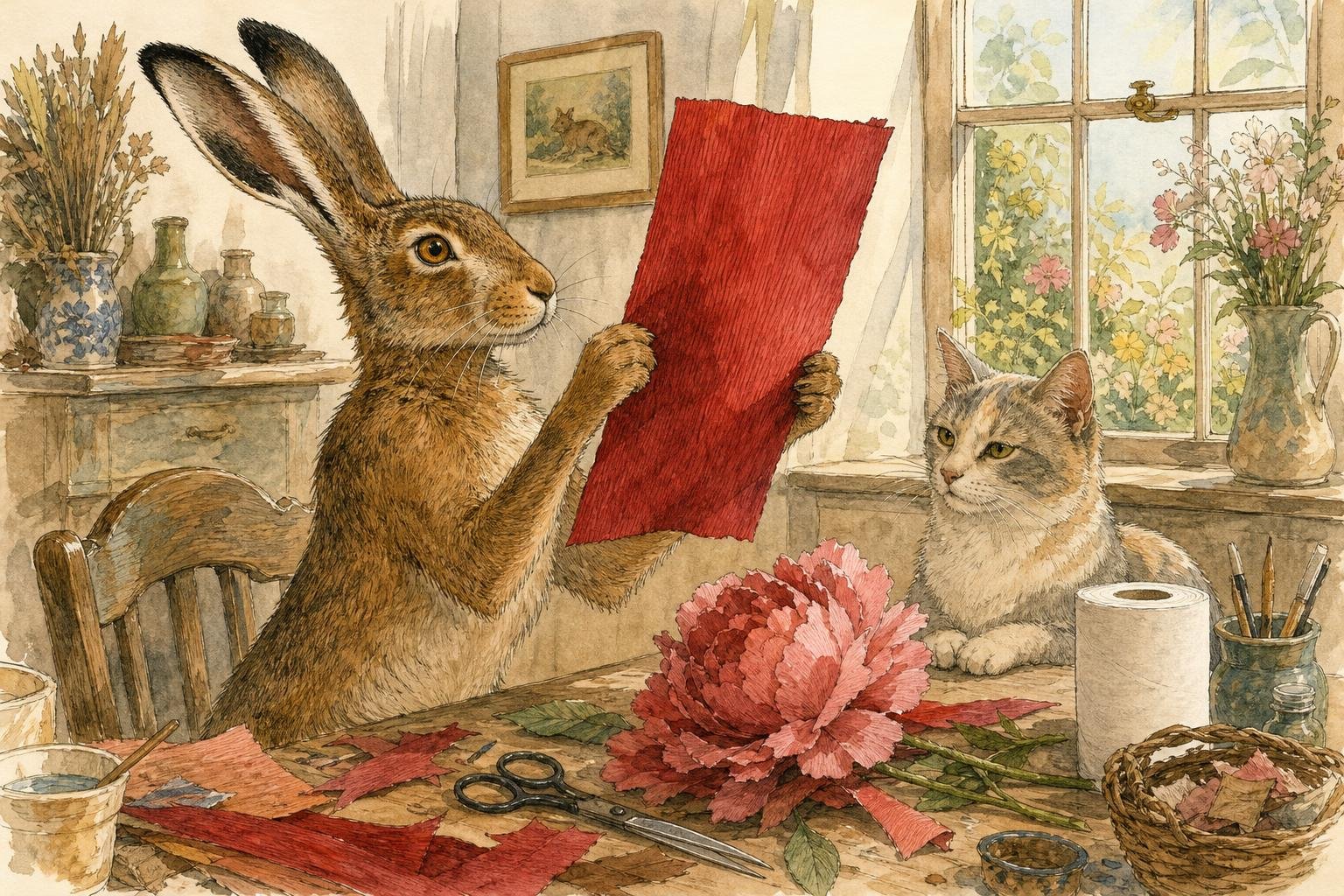 A hare sits at a craft table holding a sheet of deep red crepe paper up to the window light, studying its two sides, while a half-finished fluffy peony waits on the table and a dilute calico cat supervises from beside a plain roll of toilet paper.
