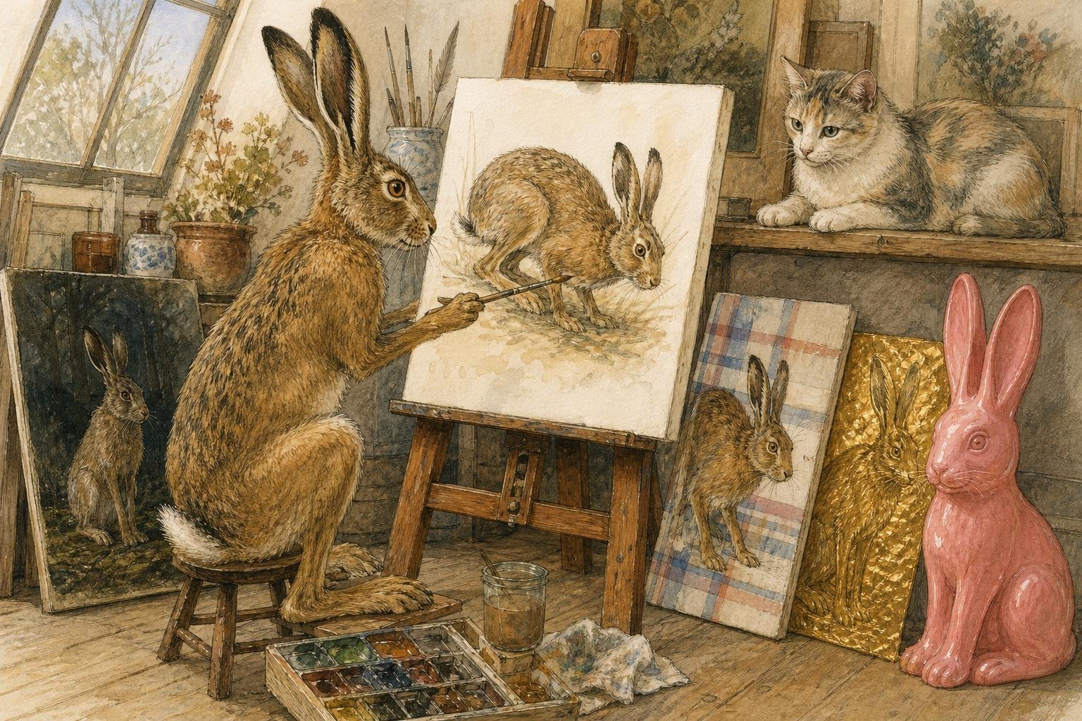 A brown hare sits at an easel carefully painting a crouching hare, while finished copies lean around the studio: one in a dark forest, one on a checked tea towel, one in gold chocolate foil and a giant pink plastic one, as a dilute calico cat watches calmly from a shelf.