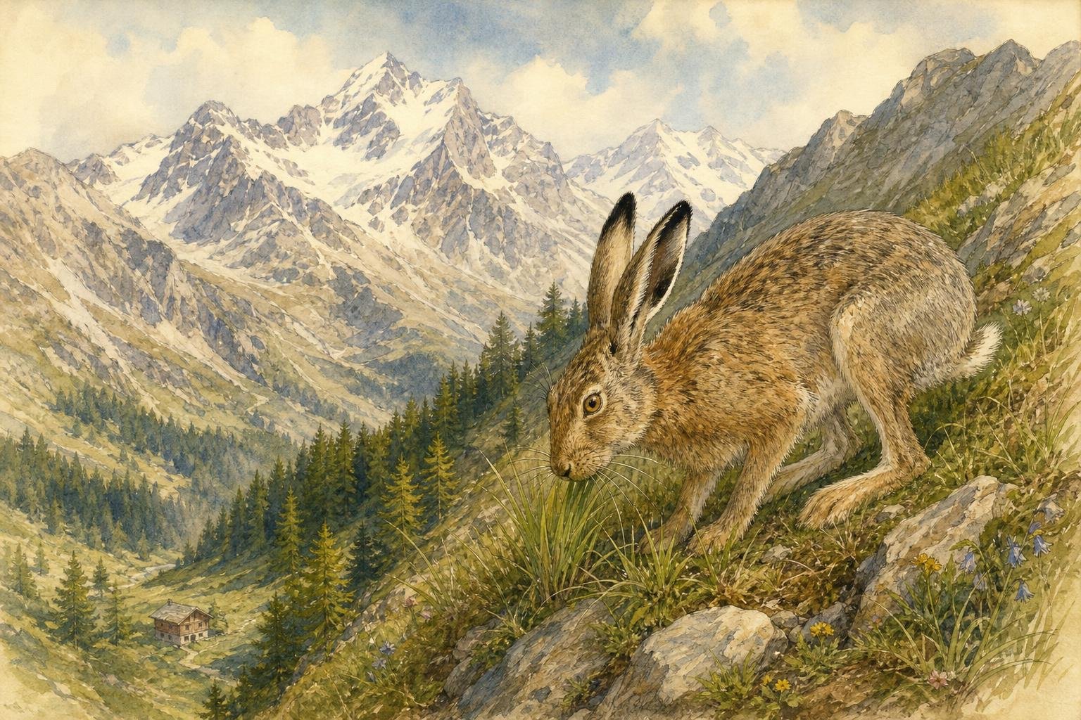 A brown summer-coated mountain hare climbs a steep alpine meadow above a band of larches, pausing to nibble a tuft of bright new grass, with a tiny wooden chalet far below in the valley and snowy peaks rising above her.