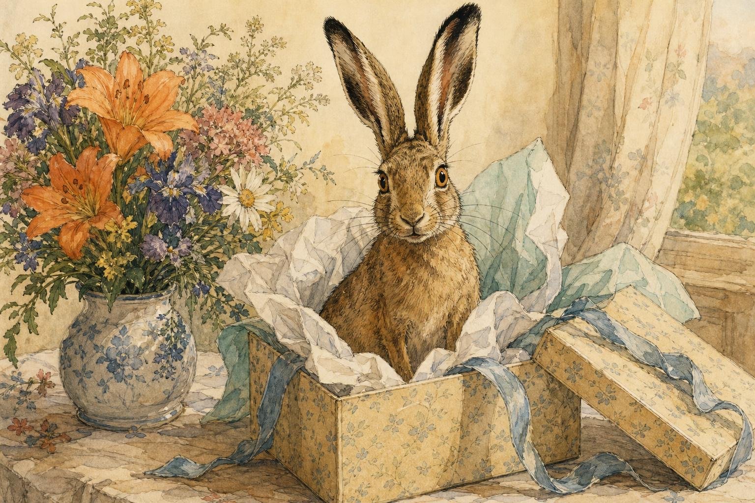 A brown hare sits upright inside a freshly opened gift box, ears poking out through rumpled tissue paper and a loose ribbon, gazing eagerly toward the viewer, while a lush vase of flowers stands on the table beside the box.