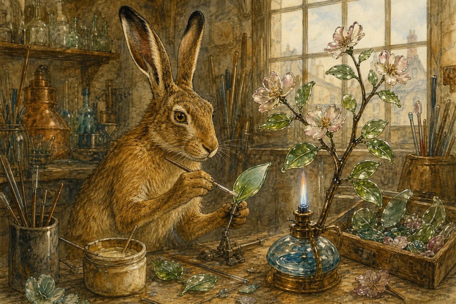 A brown hare in a cluttered nineteenth-century glassworker's workshop dabs a tiny brush onto one glossy glass leaf, dulling it to a soft matte, while a lifelike glass flowering branch stands beside a small blue lamp flame and a pot of glue.