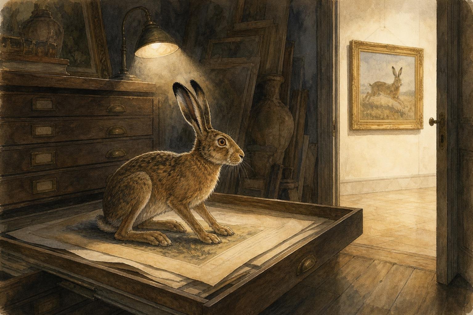 A brown hare sits on a large sheet of paper inside a half-open flat-file drawer in a dim museum storeroom, peering out at the thin beam of a single small lamp, while through a doorway a framed copy of a hare painting hangs on a brightly lit gallery wall.