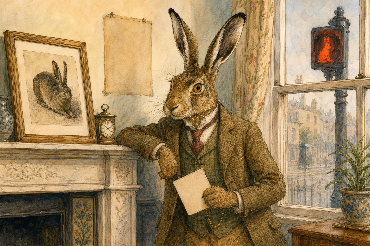 A brown hare in a tweed jacket leans one elbow on an Edwardian mantelpiece beside a framed print of Dürer's crouching hare and an empty space where a second picture once stood, a blank postcard in its paw, while through the window behind it a pedestrian signal glows red with the silhouette of a sitting hare.